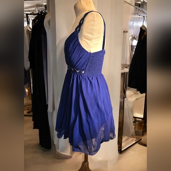 Royal Blue Mini Dress. Sequined Detail. Flowy Skirt. Size 8. Plunging Neckline - Picture 4 of 5